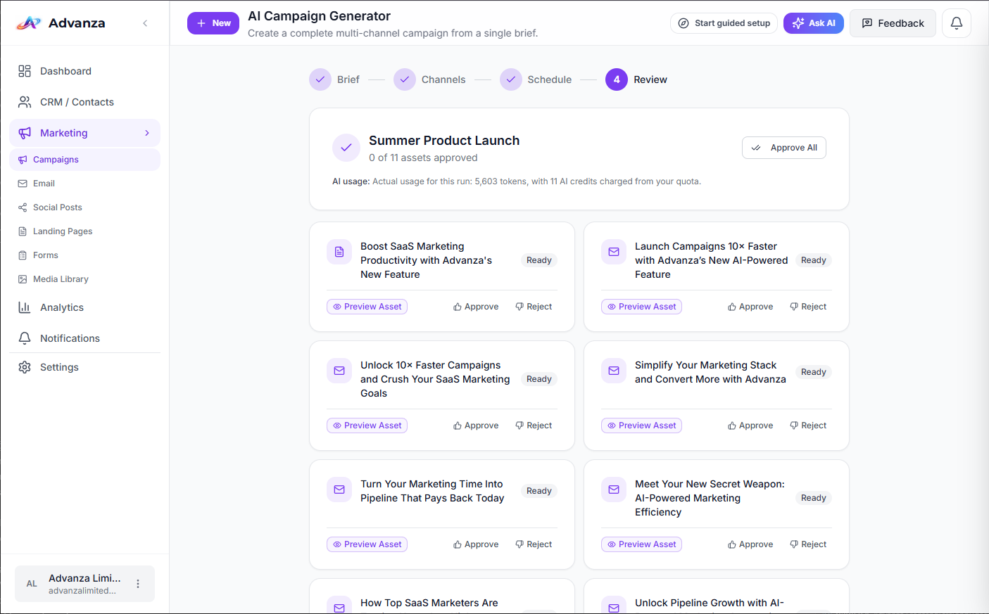 Advanza analytics workspace with report templates
